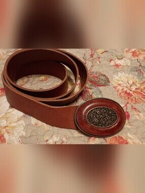 Women's Brown Leather Belt with Decorative Oval Buckle -XL